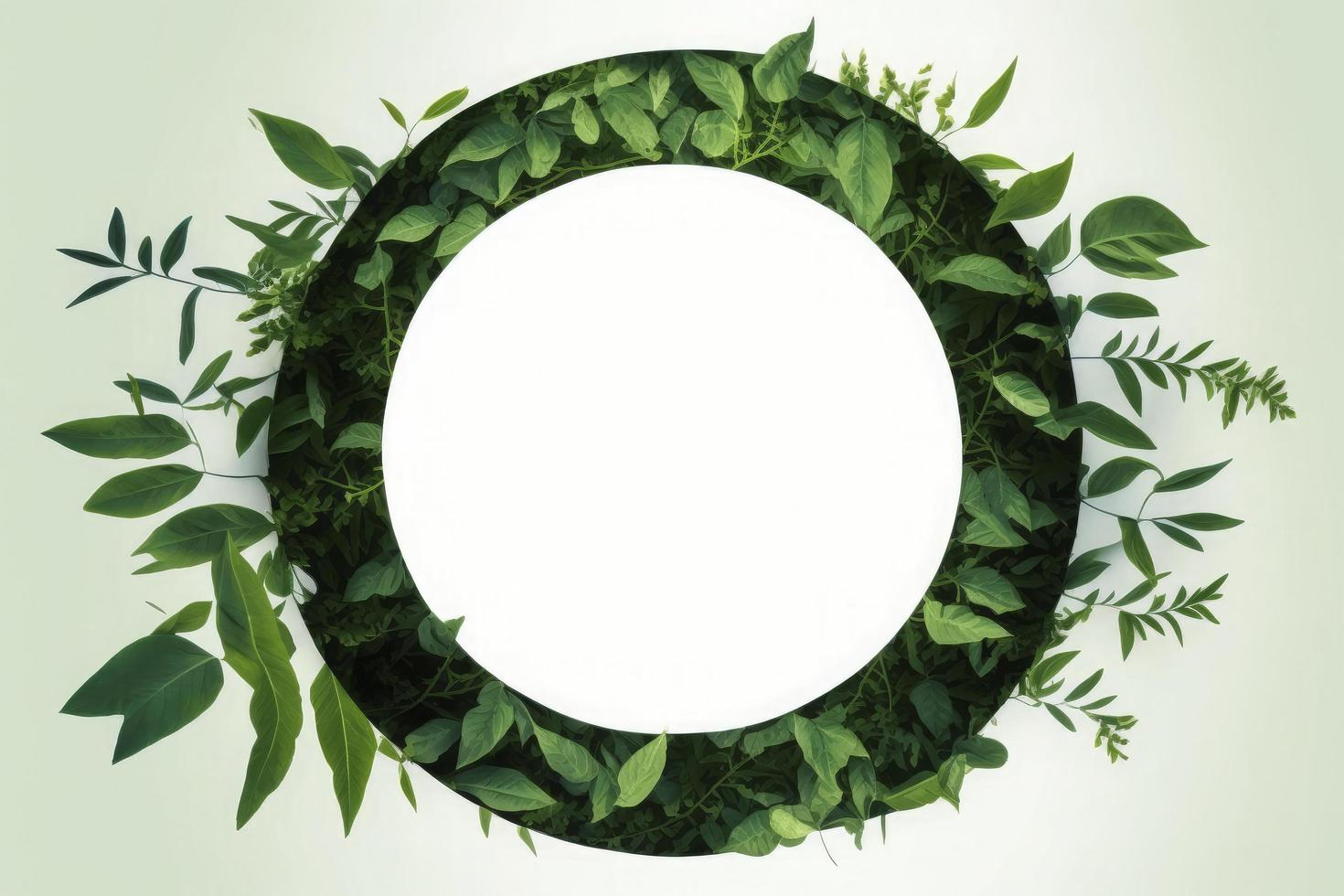 Empty white summer and spring nature background with fresh green leaves and circle frame, generate ai photo