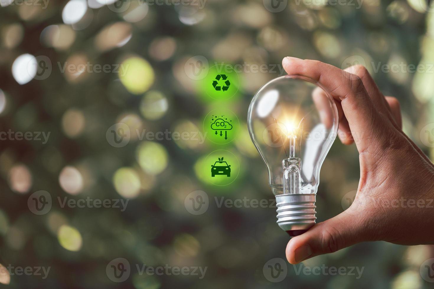Saving sustainability energy concept, alternative energy, renewable energy power, electricity light lamp from solar on green natural background, World Caring Day, world environment day. photo