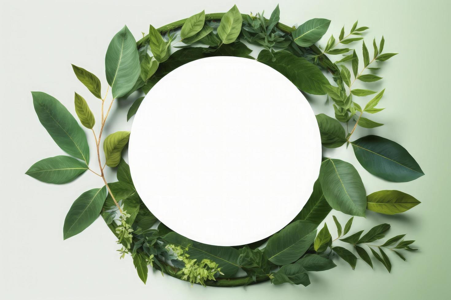 Empty white summer and spring nature background with fresh green leaves and circle frame, generate ai photo