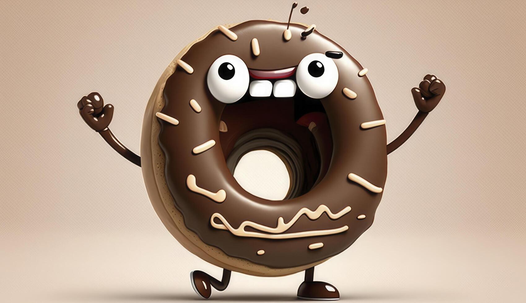 Funny chocolate donut cartoon character. . photo
