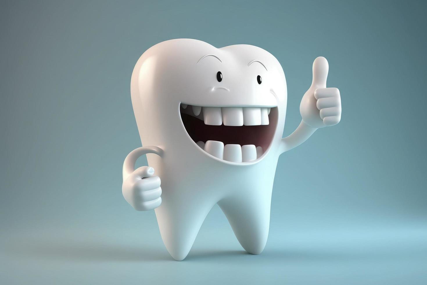 3d realista contento blanco diente , diente dibujos animados caracteres con pulgares arriba en brillante antecedentes , limpieza y blanqueo dientes concepto foto