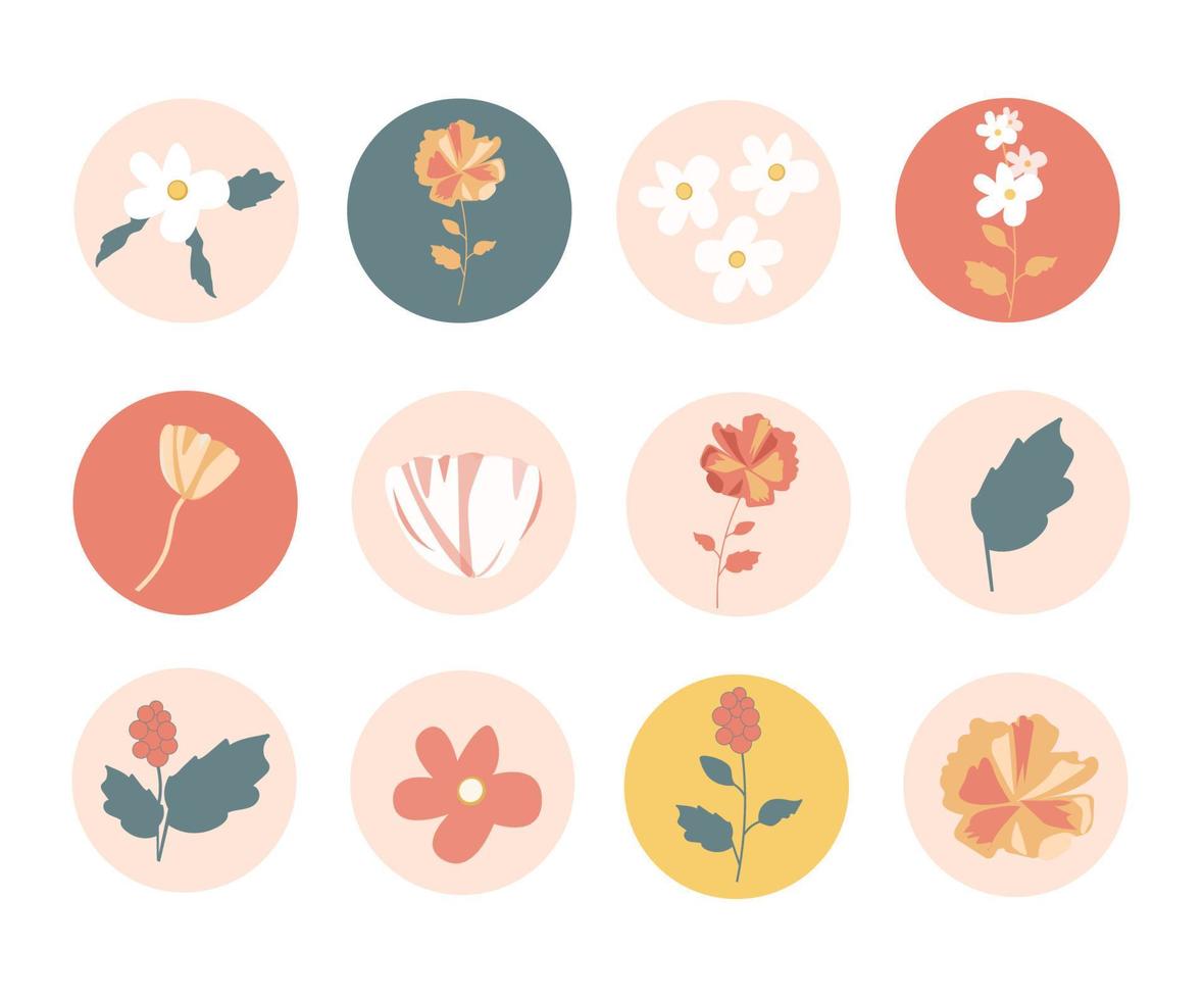 Floral icons collection for social media design. Round flower sticker set. Trendy isolated vector illustrations. Modern floral stickers for web, app and brand design.