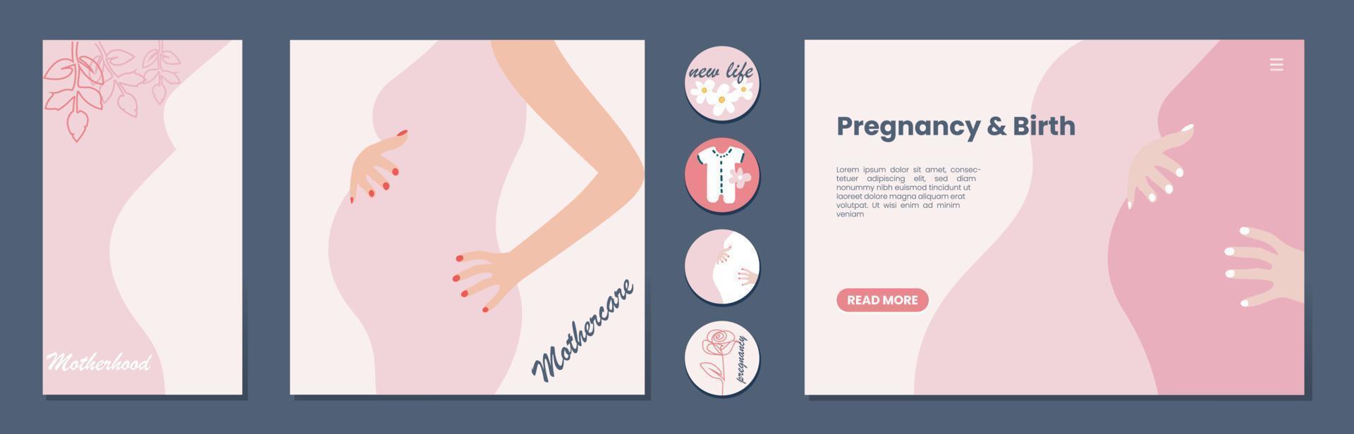 Set of banner templates for websites, or advertising, landing page, media post and stories. Pregnant woman. Mother day greeting. Health care, female, motherhood. Minimalism style. vector