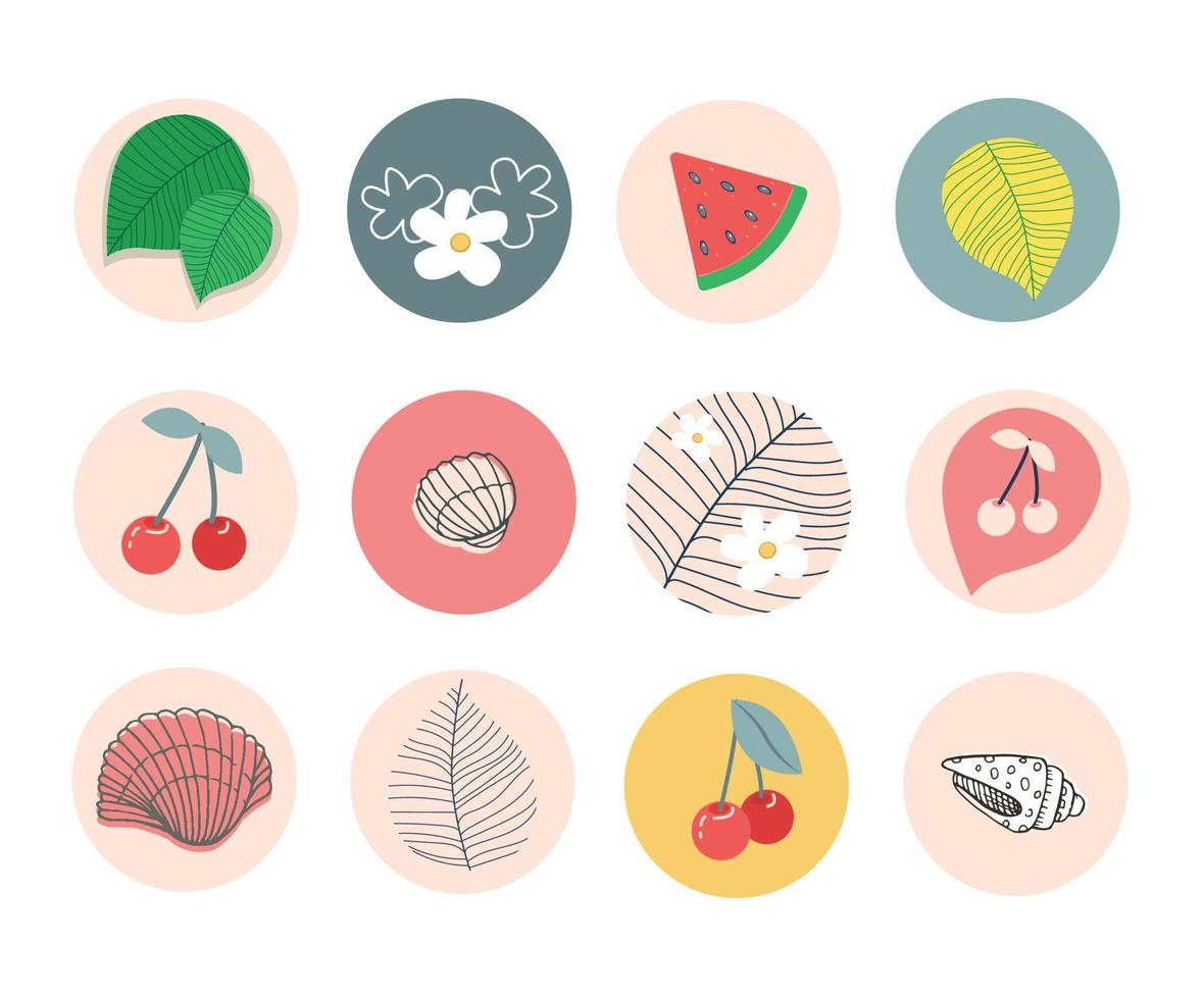 Floral icons collection for social media design. Round flower sticker set. Trendy isolated vector illustrations. Modern floral stickers for web, app and brand design