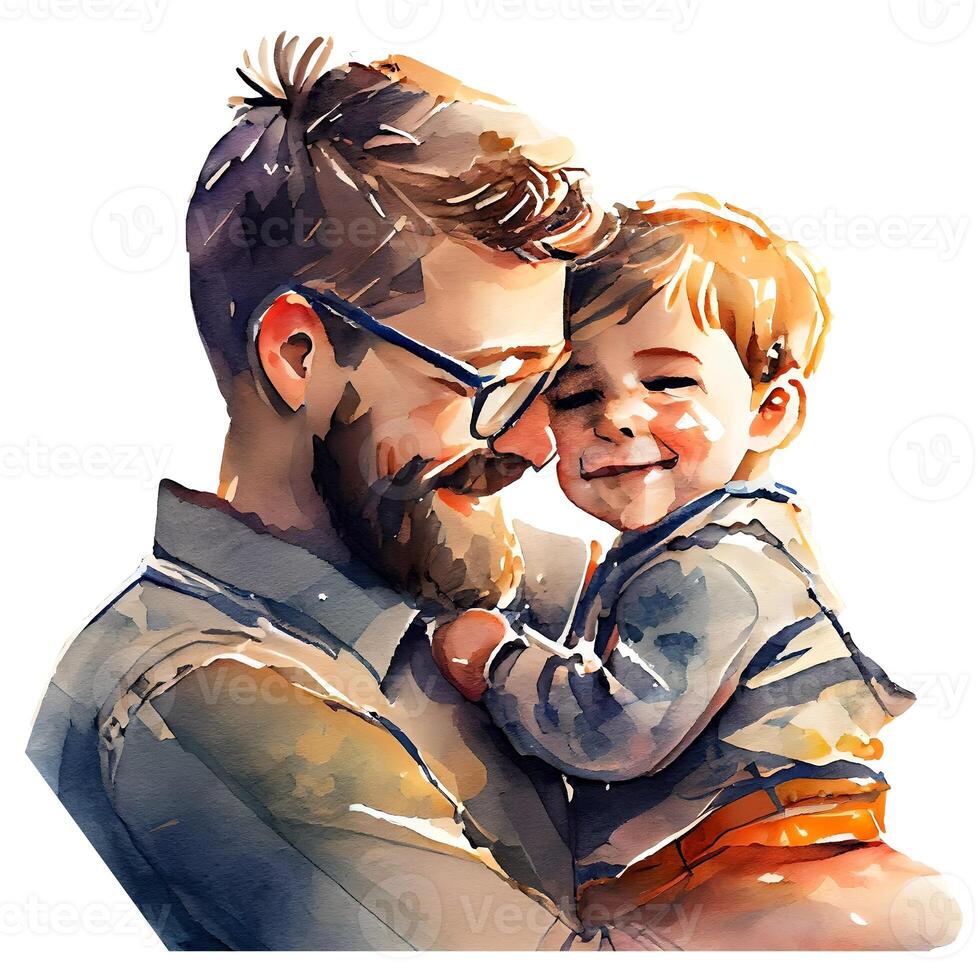 Father with little son illustration isolated on white background in watercolor style. Fathers day card. photo