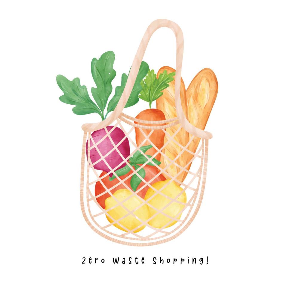 un cero residuos eco simpático compras bolso lleno de fesh vegetales acuarela mano dibujo ilustración, traer tu propio bolsa. vector