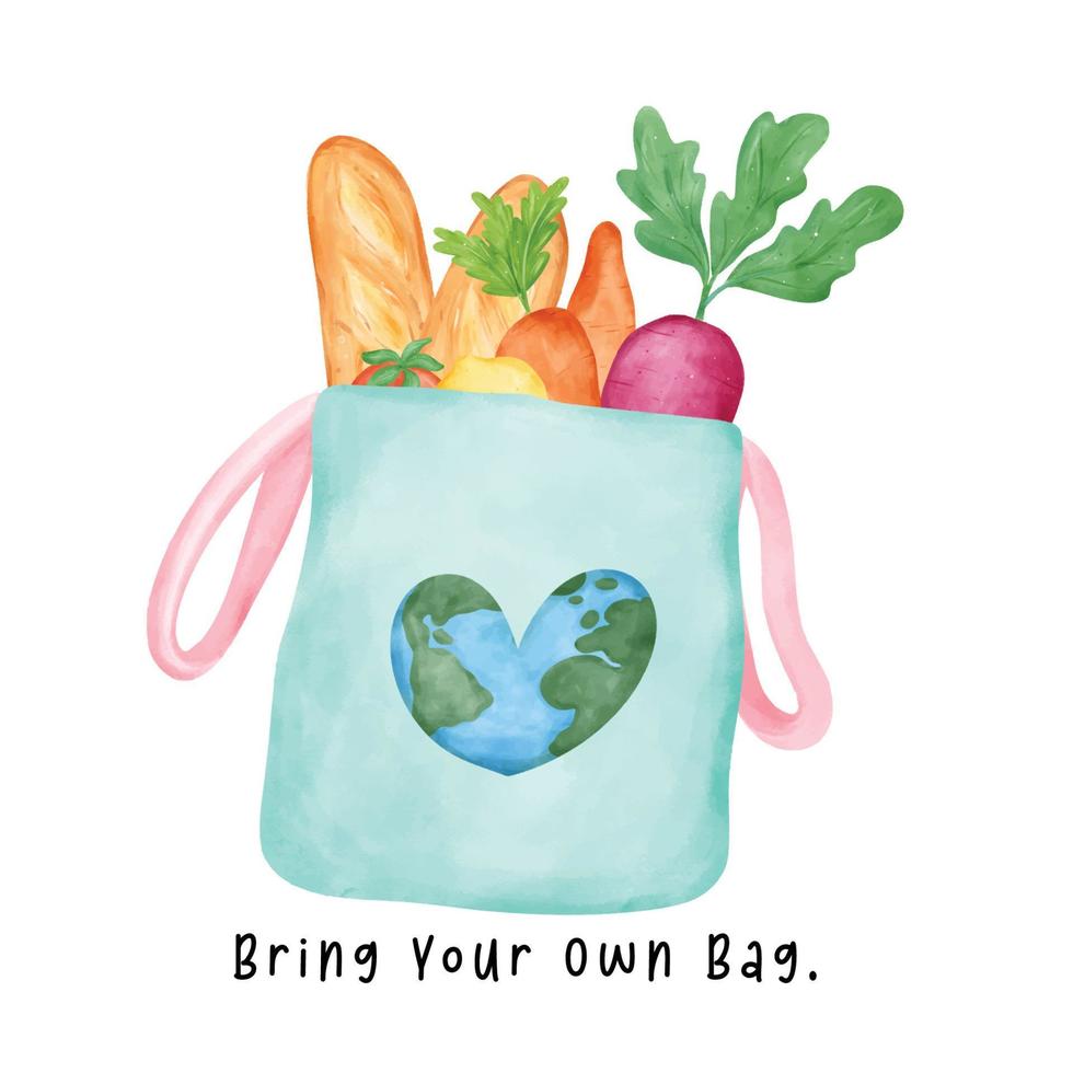 un verde Respetuoso del medio ambiente reutilizable tela totalizador compras bolso lleno de Fresco vegetales con tierra corazón conformado acuarela mano dibujo ilustración, traer tu propio bolsa. vector