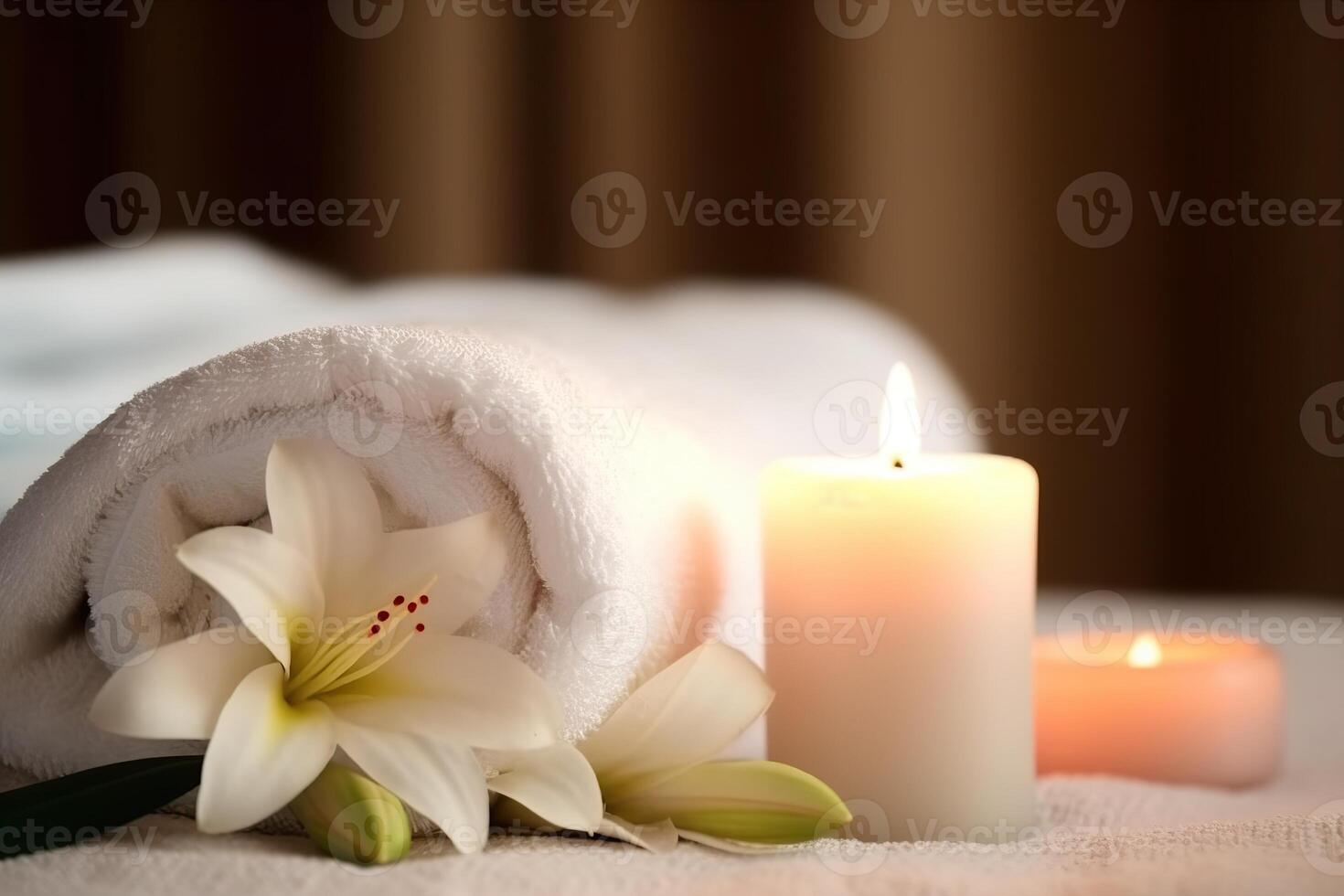 Beautiful spa background with copy space. Wellness backdrop. Empty space for text, advertising. Beauty procedure, service. Relax and wellbeing. . photo