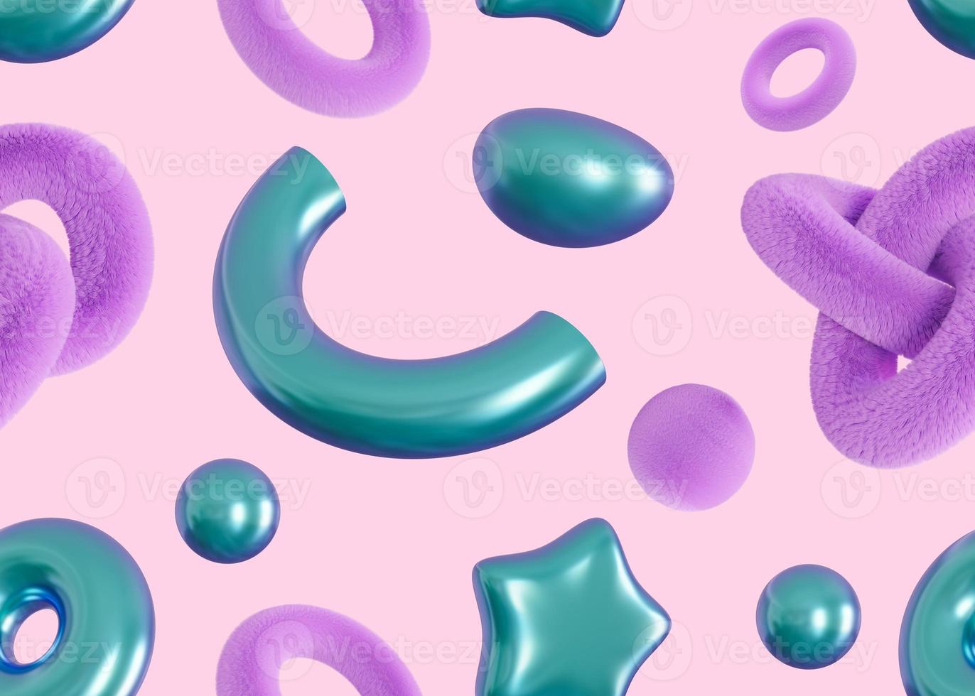 Seamless pattern with abstract 3D shapes on purple background. Colorful design for print, textile, wrapping paper. Cute fluffy and holographic elements. Trendy, futuristic motive. 3d render. photo