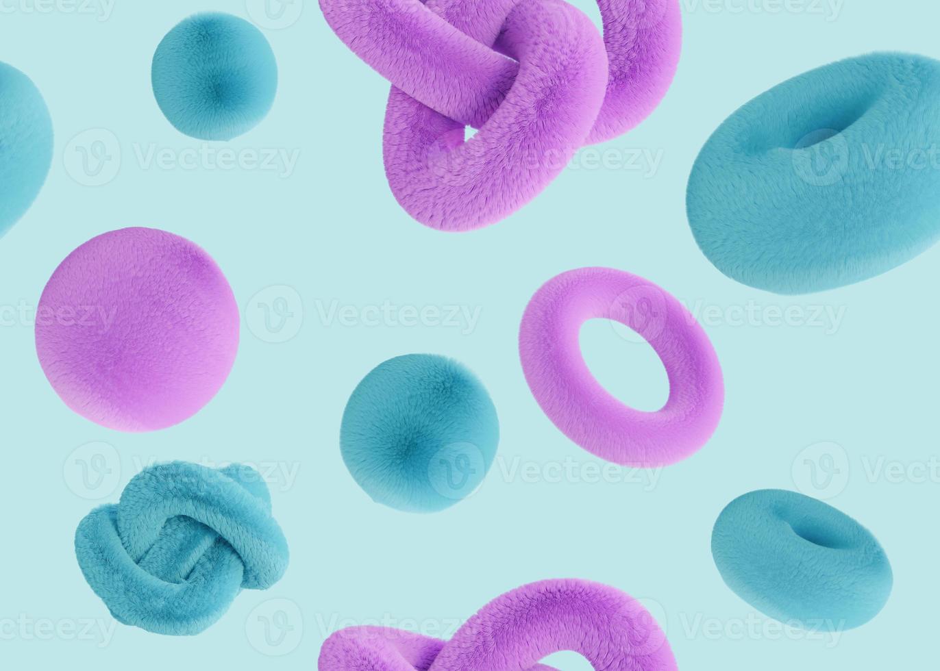 Seamless pattern with abstract 3D shapes on blue background. Colorful, playful design for print, textile, wrapping paper. Cute fluffy elements. Trendy motive. 3d render. photo