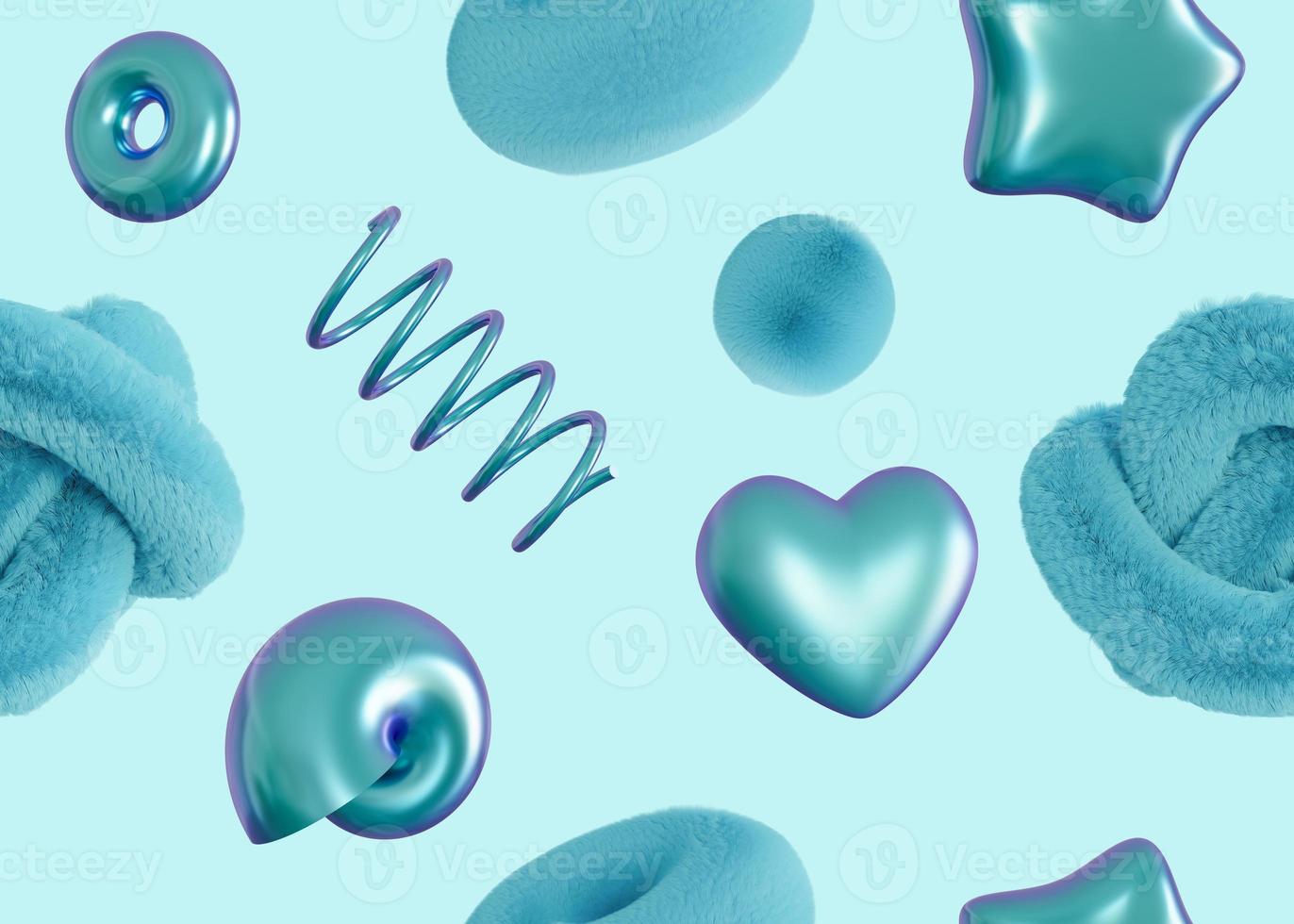 Seamless pattern with abstract 3D shapes on blue background. Colorful design for print, textile, wrapping paper. Cute fluffy and holographic elements. Trendy, futuristic motive. 3d render. photo