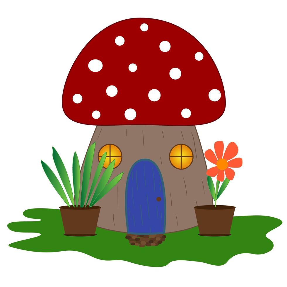 Fairy-tale mushroom house in the forest. Vector image on a white background isolated. Illustration for children