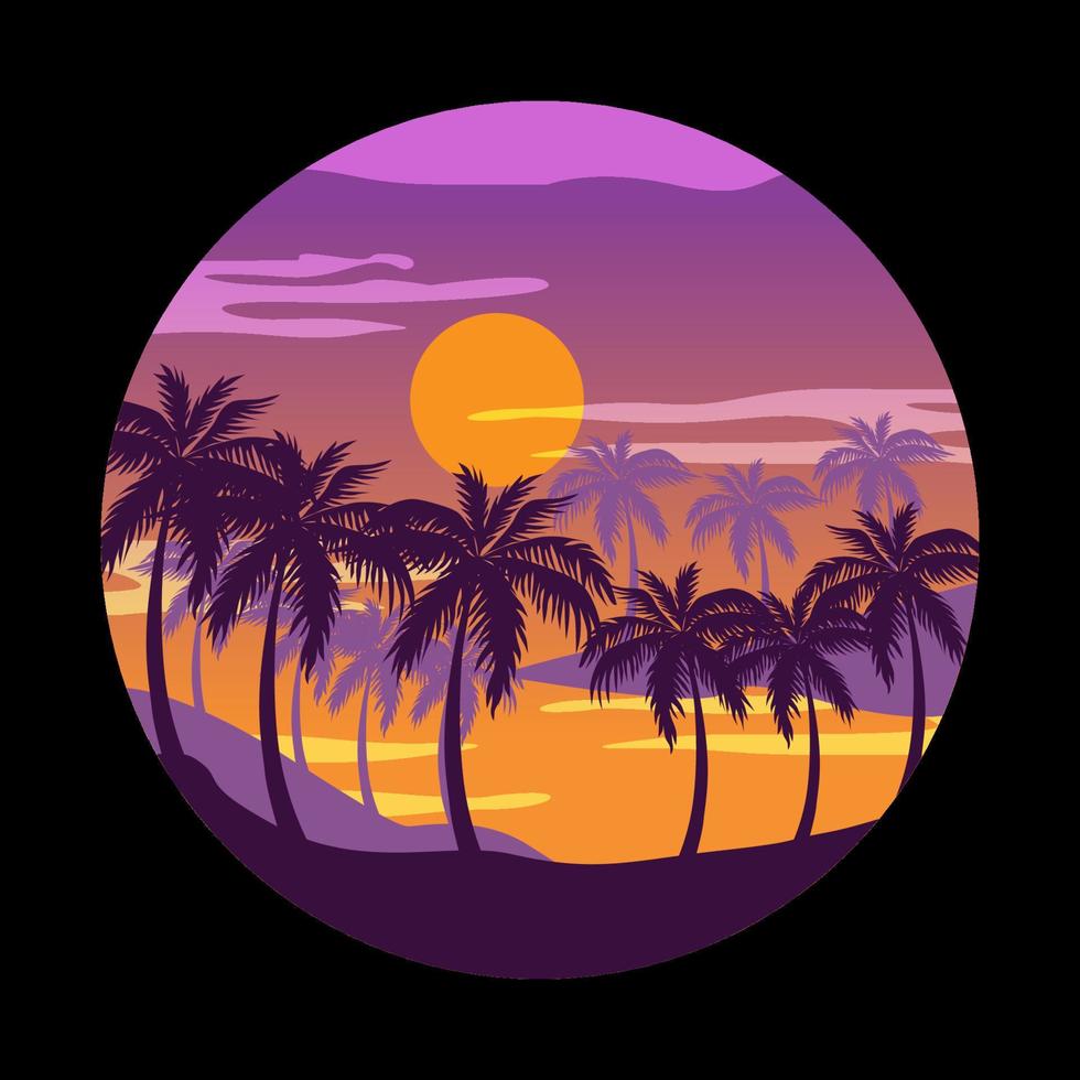 tropical beach vector illustration. illustration in circle isolated black background