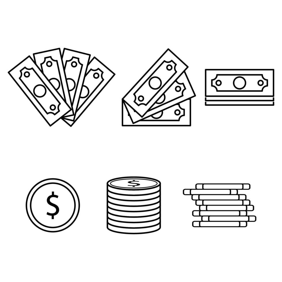 money outline icon set. banknotes and coins vector