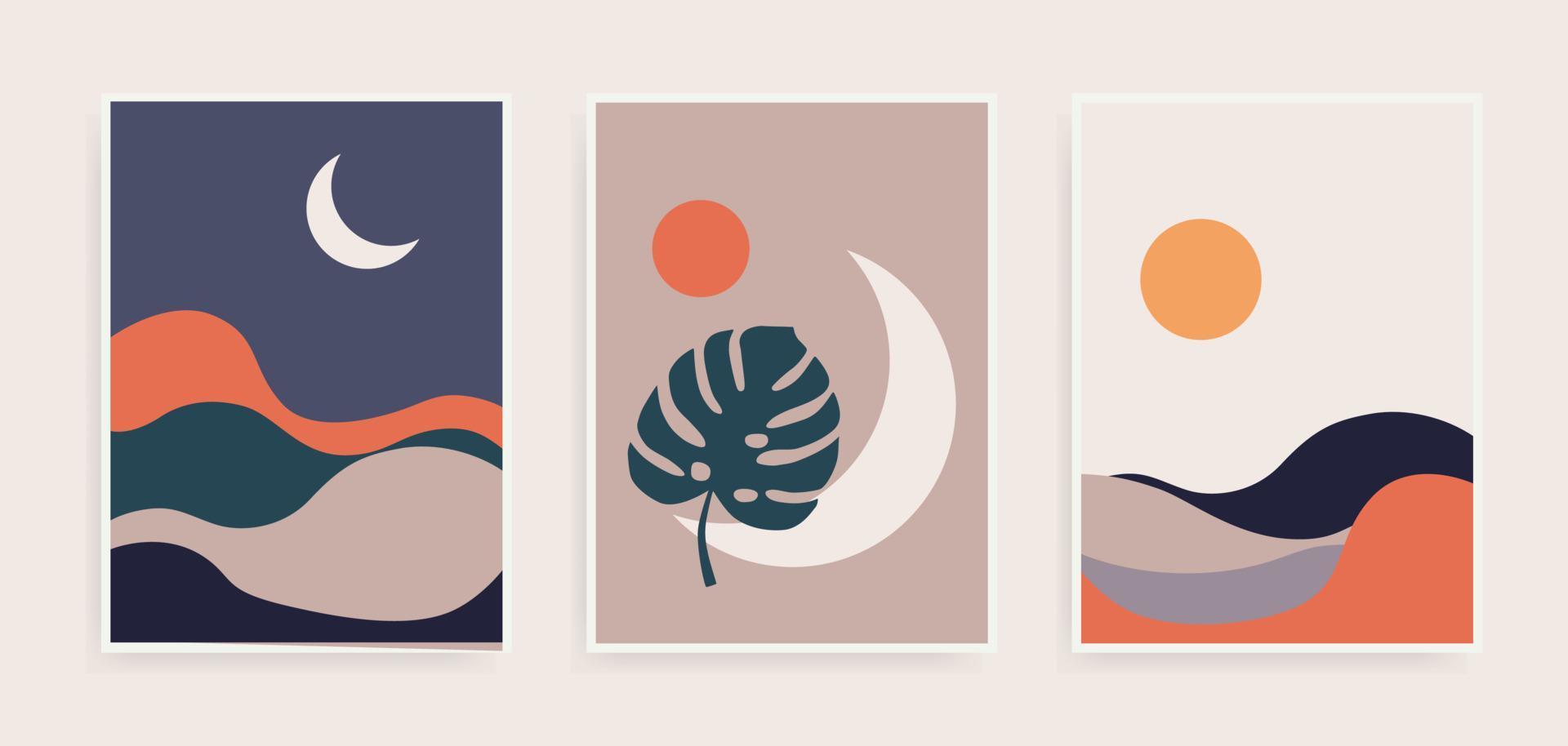 Set of abstract landscape posters. Modern background flat design. Contemporary boho sun moon and mountains minimalist wall decor. vector
