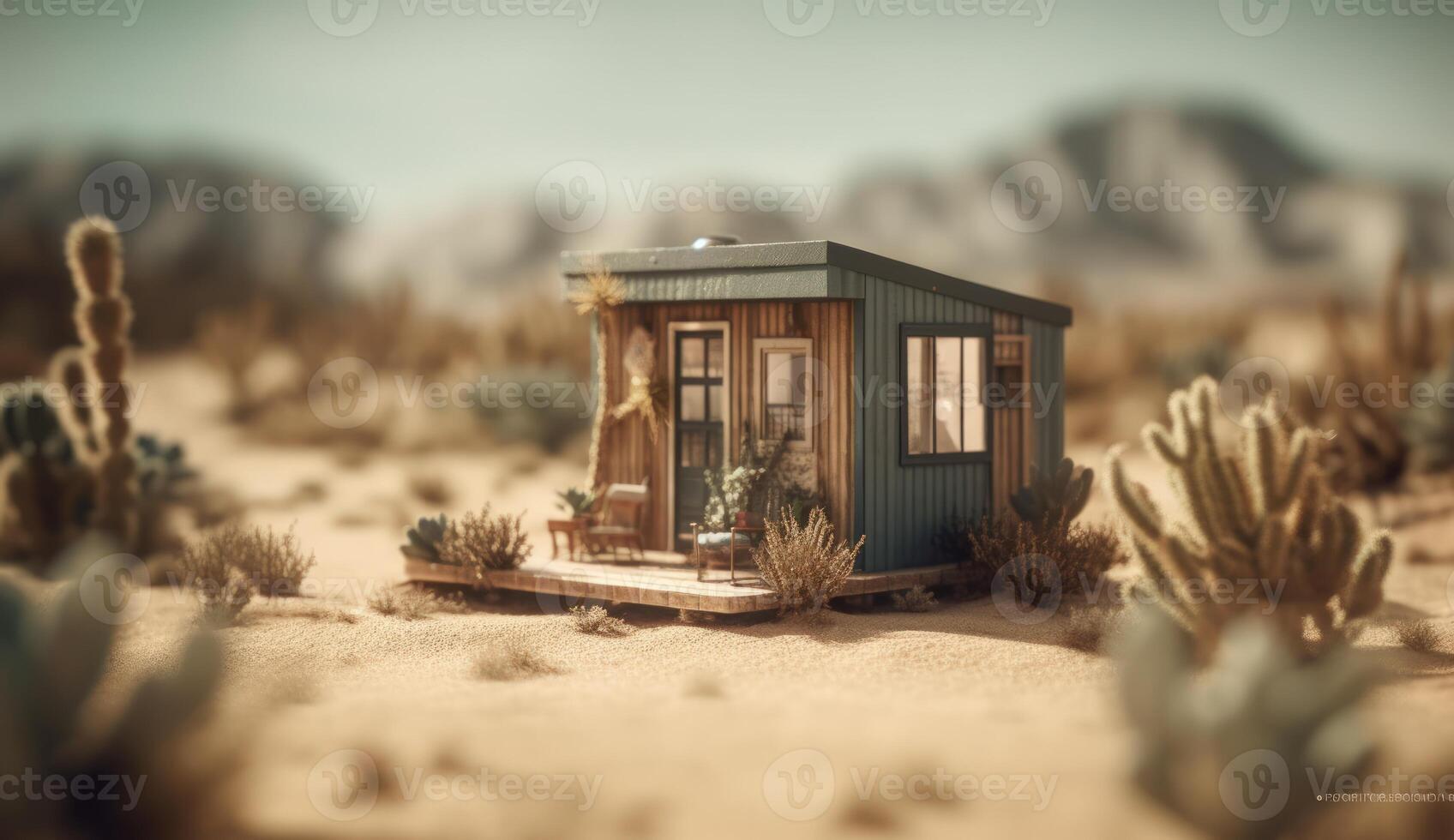 Photorealistic Fantasy House in the Desert, Equipped with Solar Panels for Sustainable Energy Solutions. photo