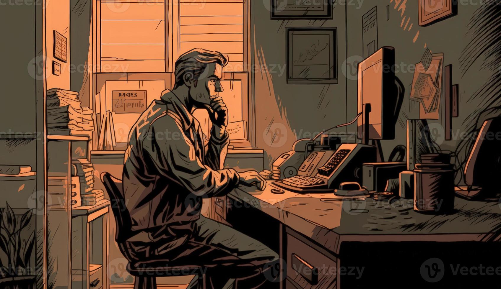 Cartoon Image of a Businessman Sitting at His Office Desk, Talking on the Phone, Taking Notes or Signing Documents, Depicting a Busy Work Environment. photo
