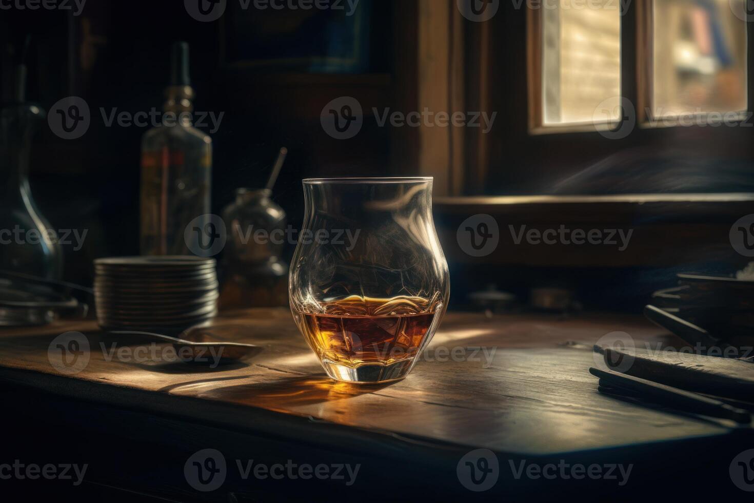 Rich whiskey in a glass, poised elegantly on a wooden table. photo