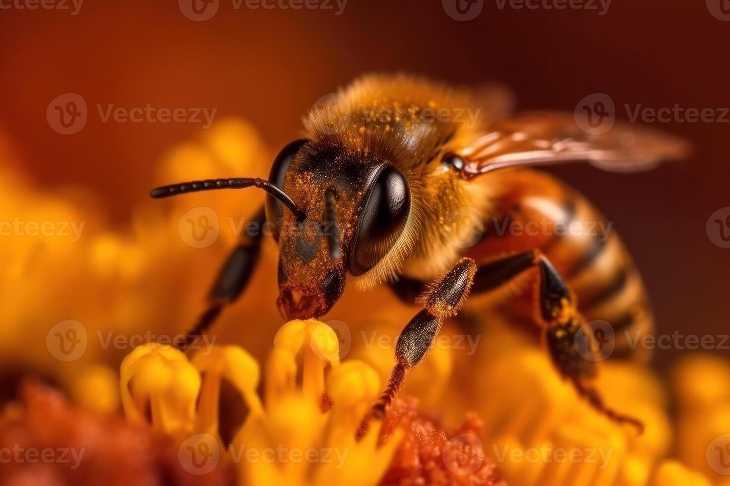 Macro shot of a bee, hard at work gathering nectar on vibrant yellow bloom. photo