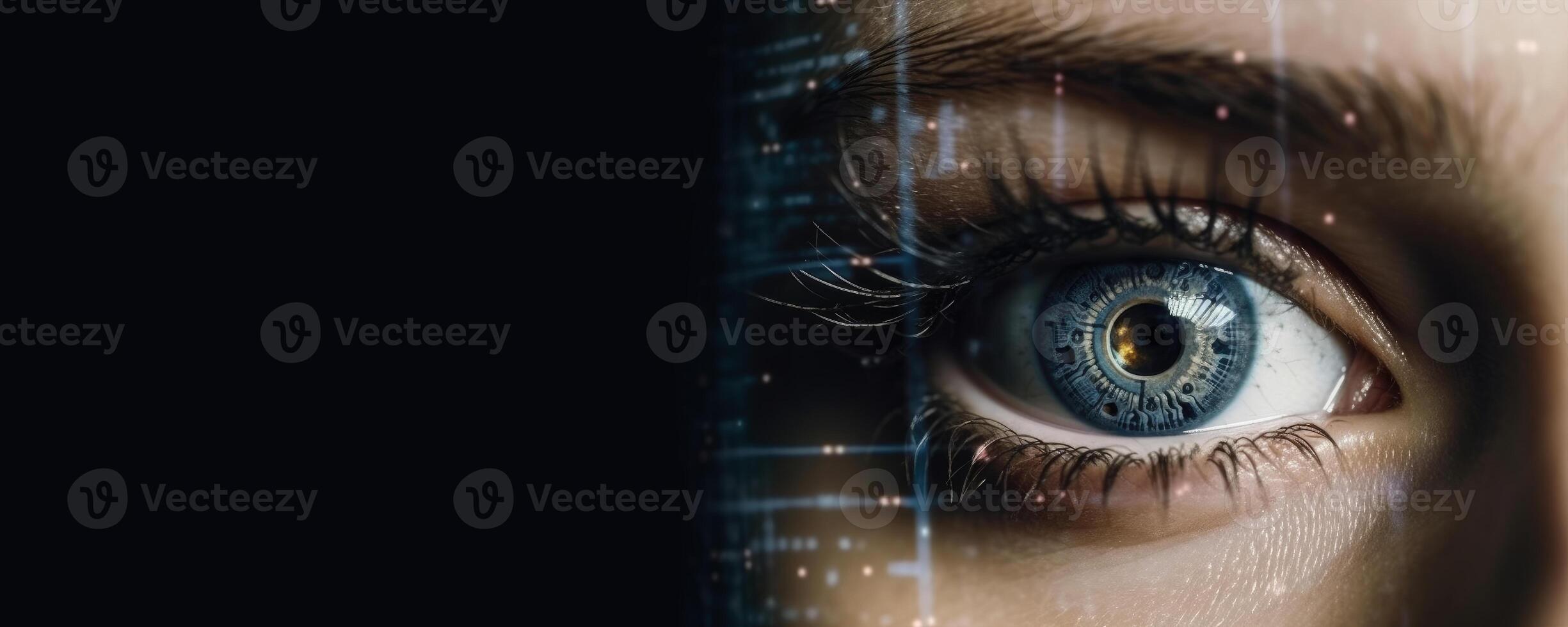 Intricate blend of cyborg female visage and high tech cyber security, AI concepts unite., copy space. photo