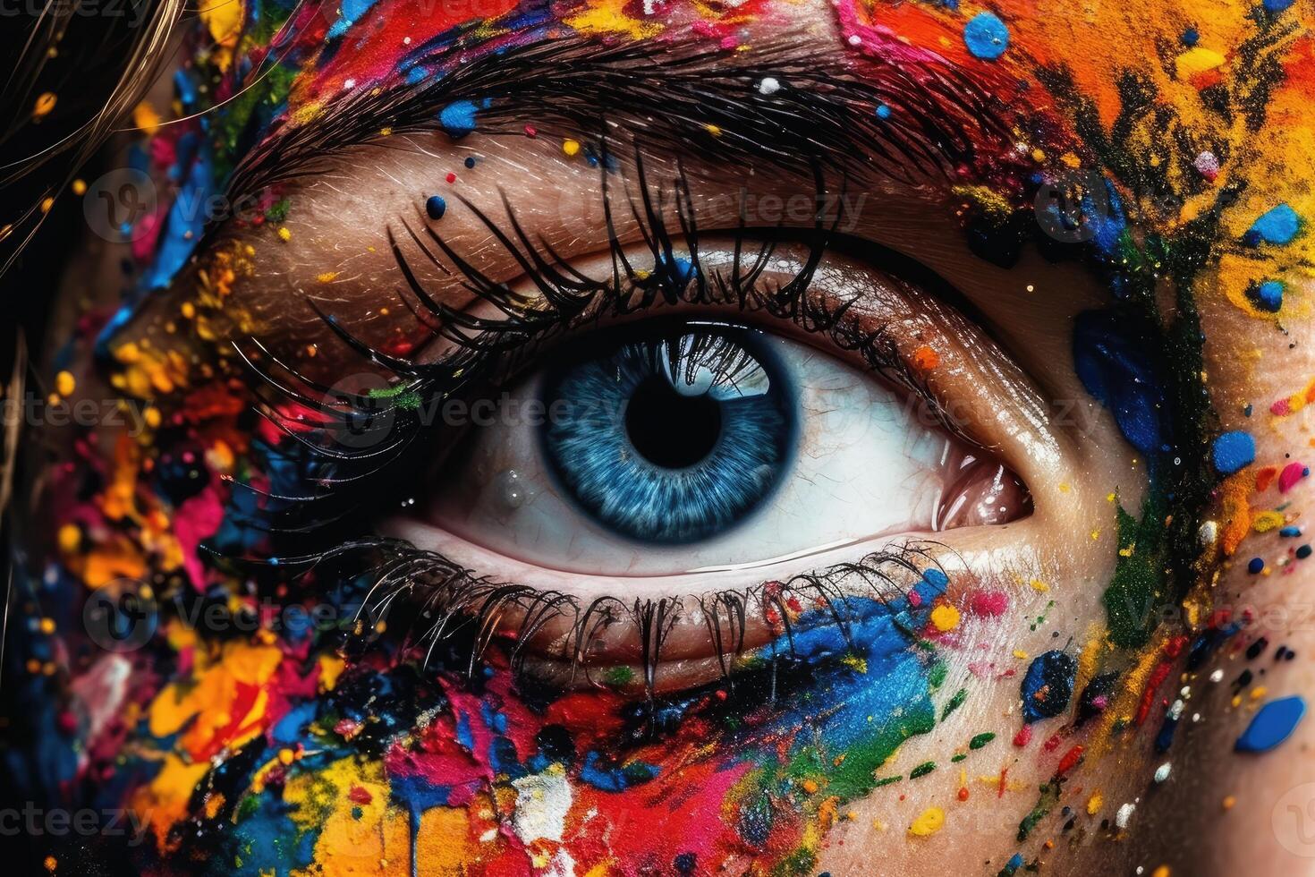 Vibrant multicolored makeup adorns a woman's eye, celebrating LGBTQ pride. photo