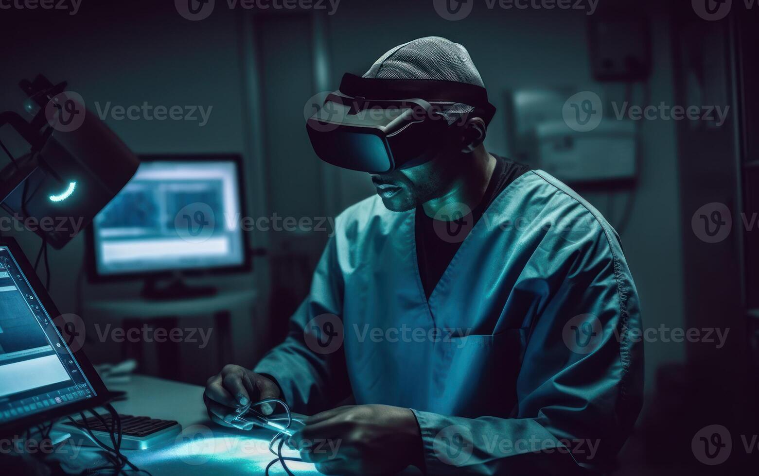 Surgeon utilizing VR goggles in a state of the art operating room for enhanced precision, . photo
