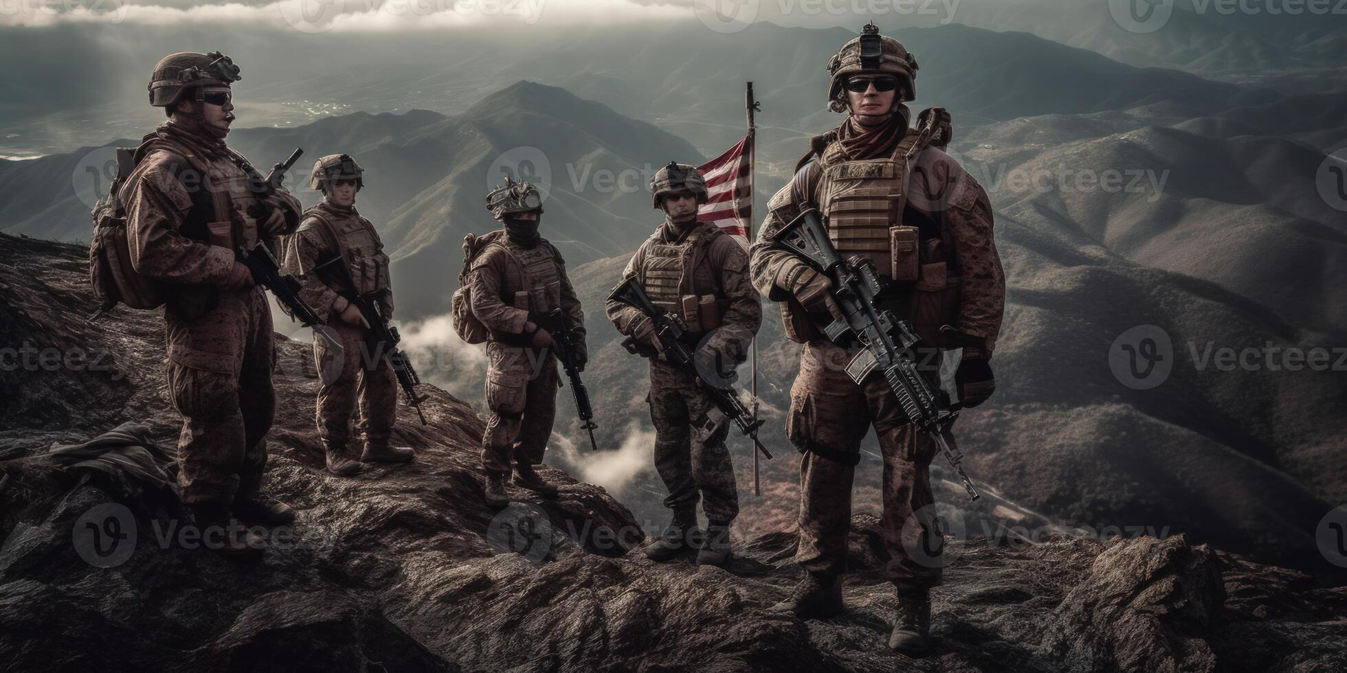 Elite US special forces soldier stands proud before a flag, honoring the fallen. photo