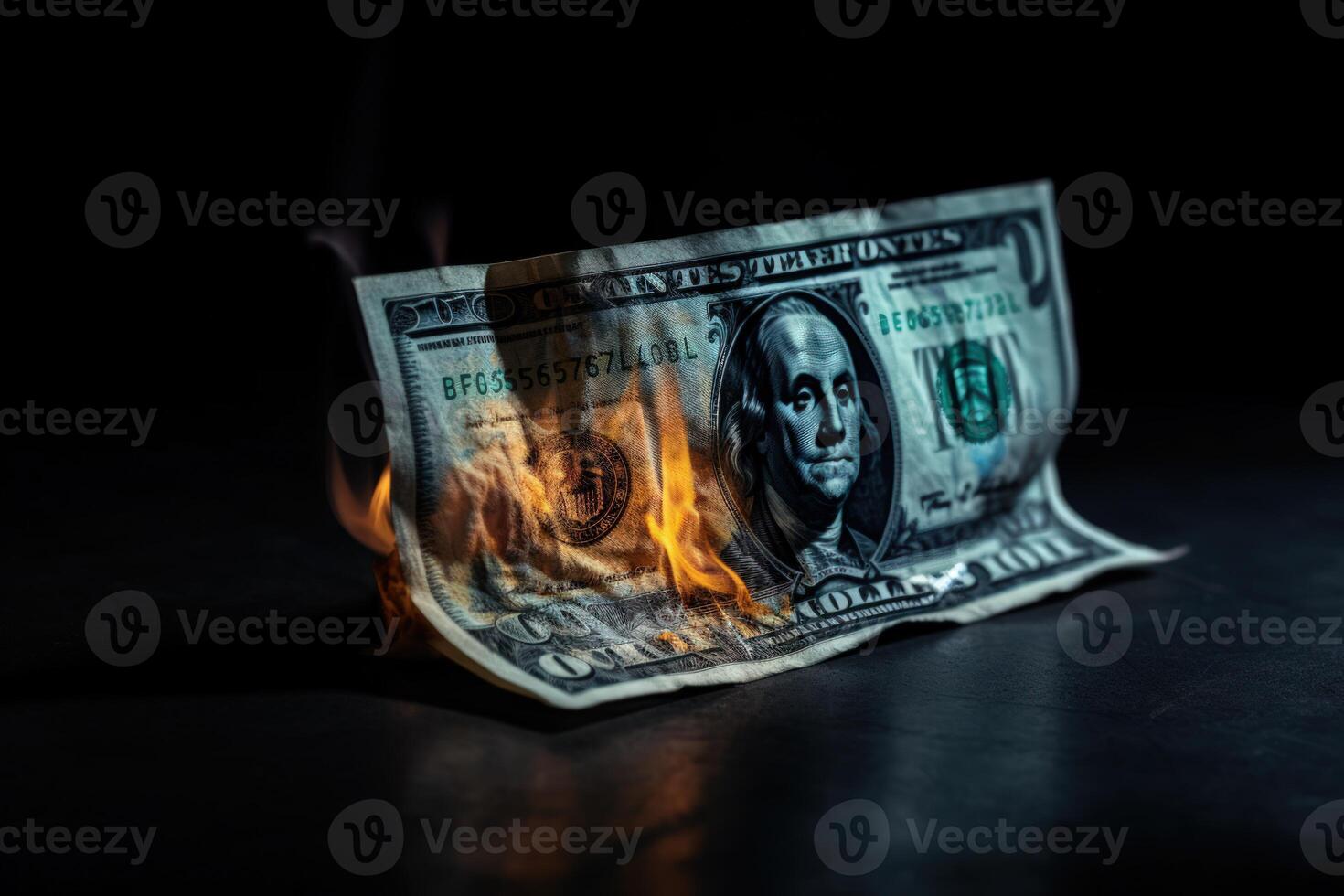 Flames consume dollar bills, symbolizing financial turmoil and loss. photo