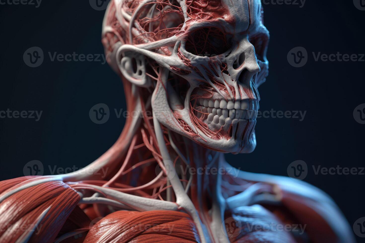 Human anatomy showcasing male muscles with nerves, isolated on black background, . photo