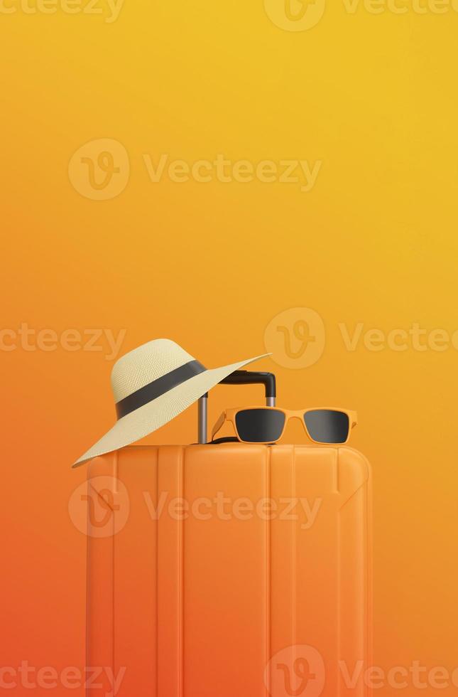 Summertime concept. Suitcase with sun glasses and hat on gradient sunset background. travel concept minimal. photo