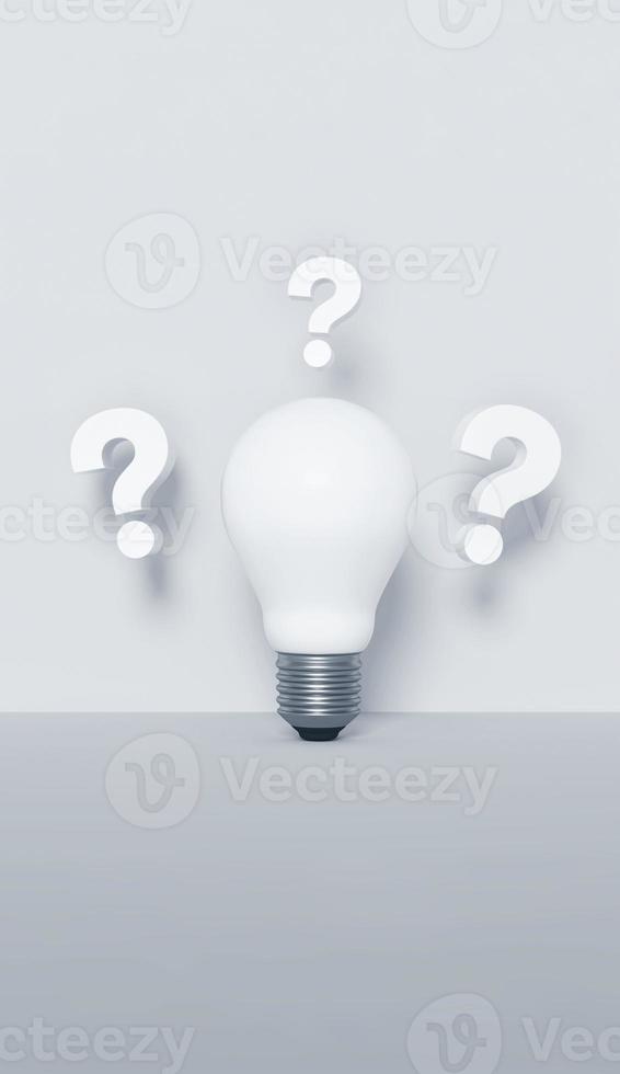 Innovation and new ideas concept. Question marks and a light bulb on white background. photo