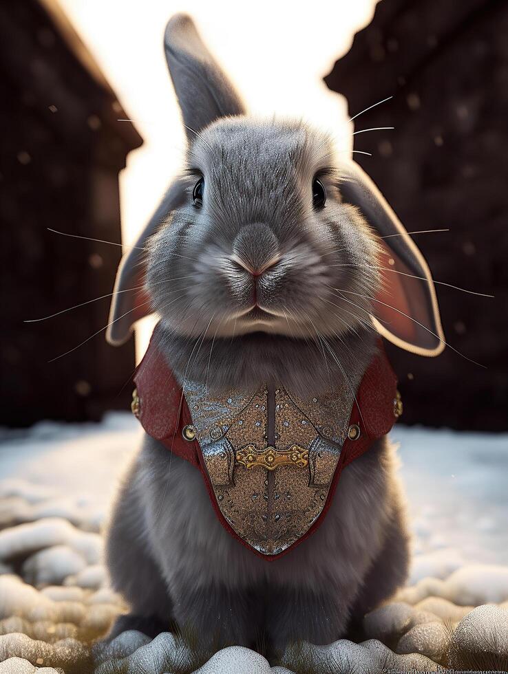 Conejo sentado en el nieve Entre montañas. ai generado foto