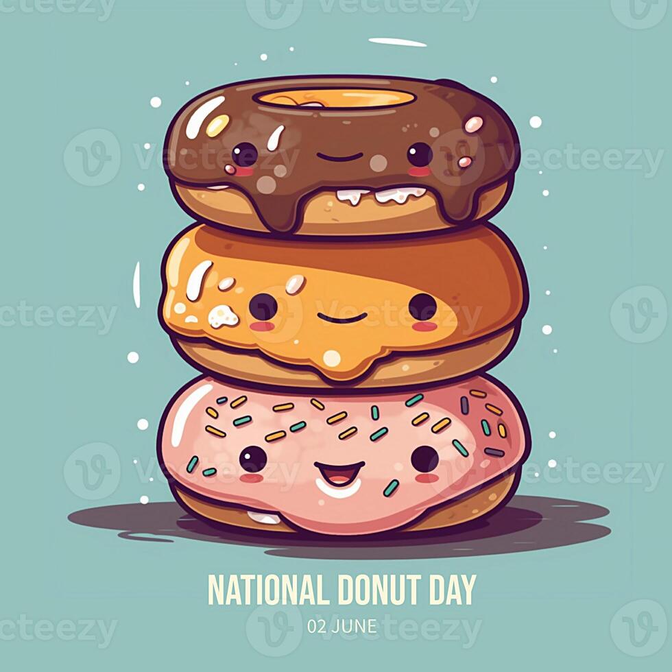 National donut day. Cartoon flat illustration. Greeting card. AI