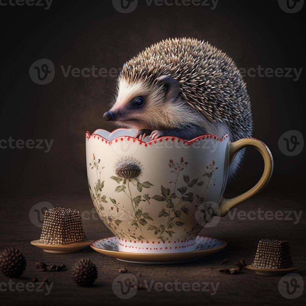 Cute realistic hedgehog in a cup of tea with chocolates. photo