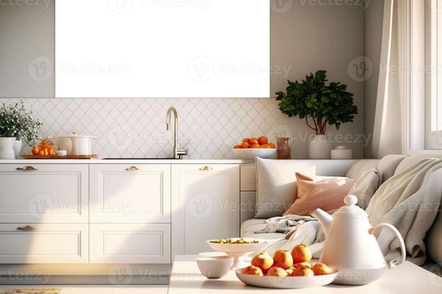 Mockup picture on the wall in bright modern kitchen with sofa. Kitchen mock up. template. photo