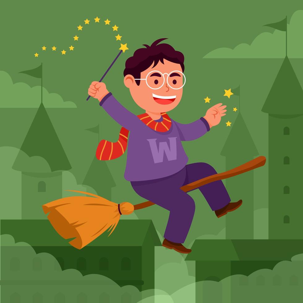 Young Wizard Riding Magic Broom Stick vector