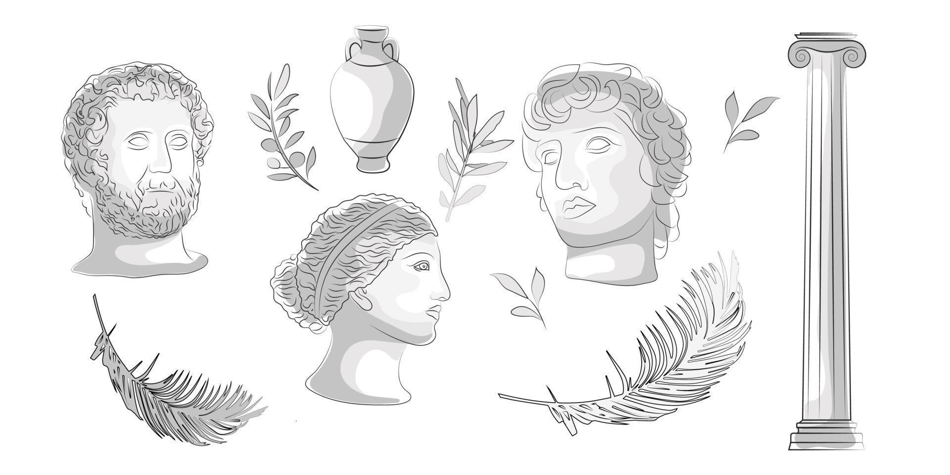 an old plaster head. One-line portraits, plants, Greek sculpture. vector