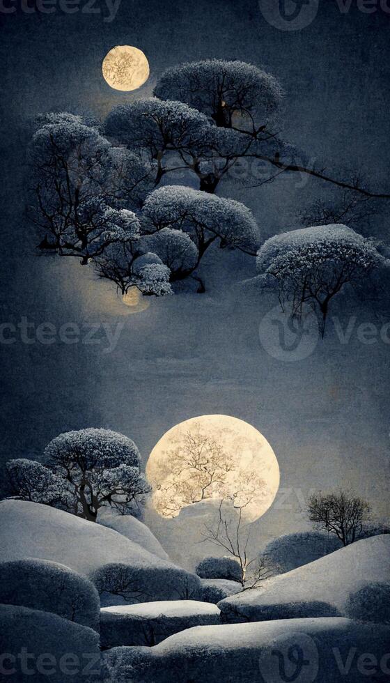 painting of snow covered trees and a full moon. . photo