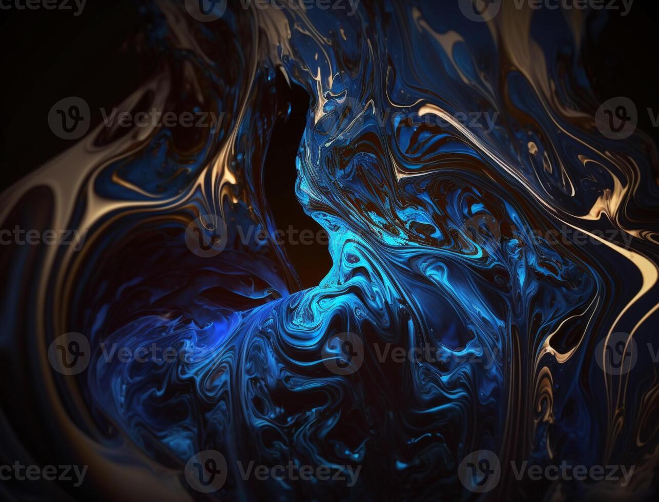 illustration of Swirling golden and blue. Acrylic Fluid Art. Dark blue waves in abstract ocean and golden foamy waves. Marble effect, abstract glistening golden solid liquid waves photo