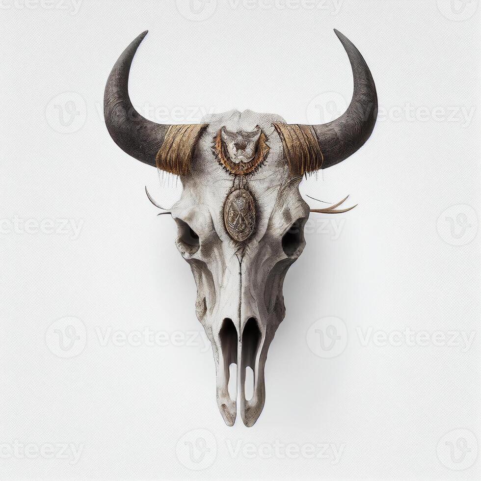 western bull skull high detail white background. photo