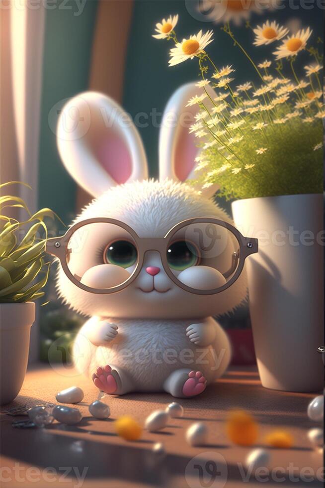 Little white bunny in cute glasses. . photo