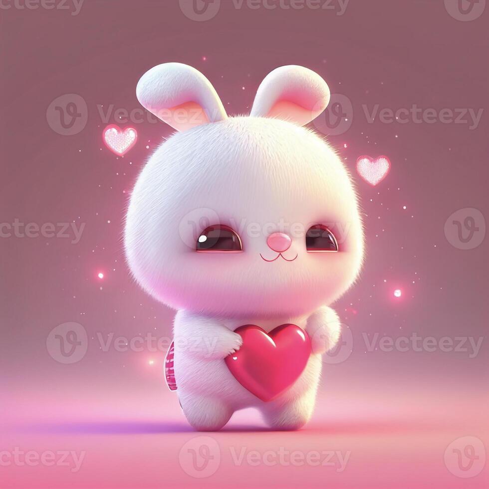 cartoon bunny holding a heart on a pink background. generative ai