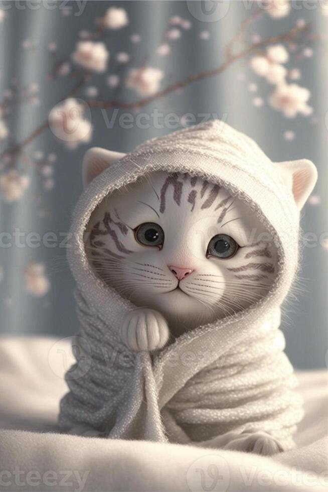 close up of a cat wrapped in a towel. . photo