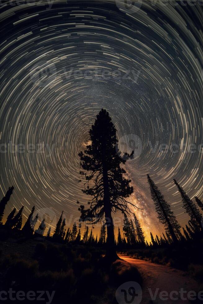 tree sitting in the middle of a forest under a star filled sky. . photo