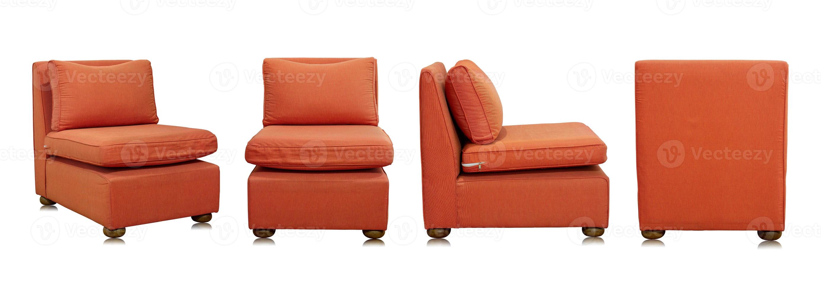Set of Orange Fabric Sofa Furniture with Pillow Isolated on White Background photo