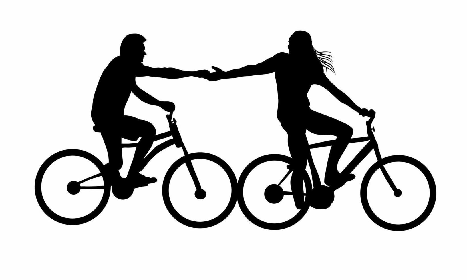 ilustración de un mujer y un hombre par ciclismo y sacudida manos. quien es en amor. parejas apreciación día. diseño silueta vector