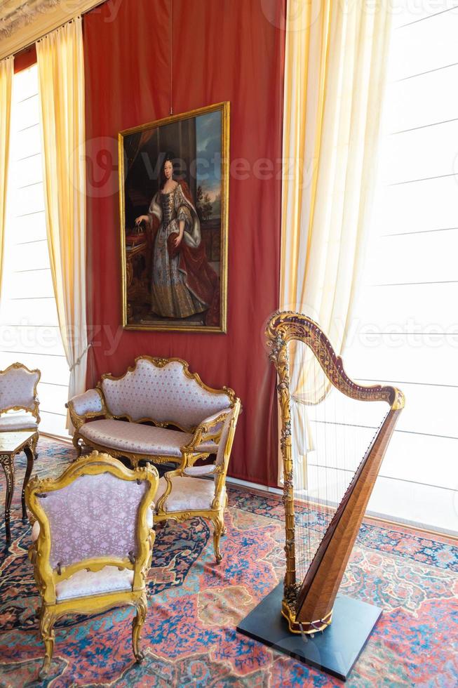 Venaria Reale, Italy - luxury interior, old Royal Palace. Perspective with harp, window and baroque decoration. photo