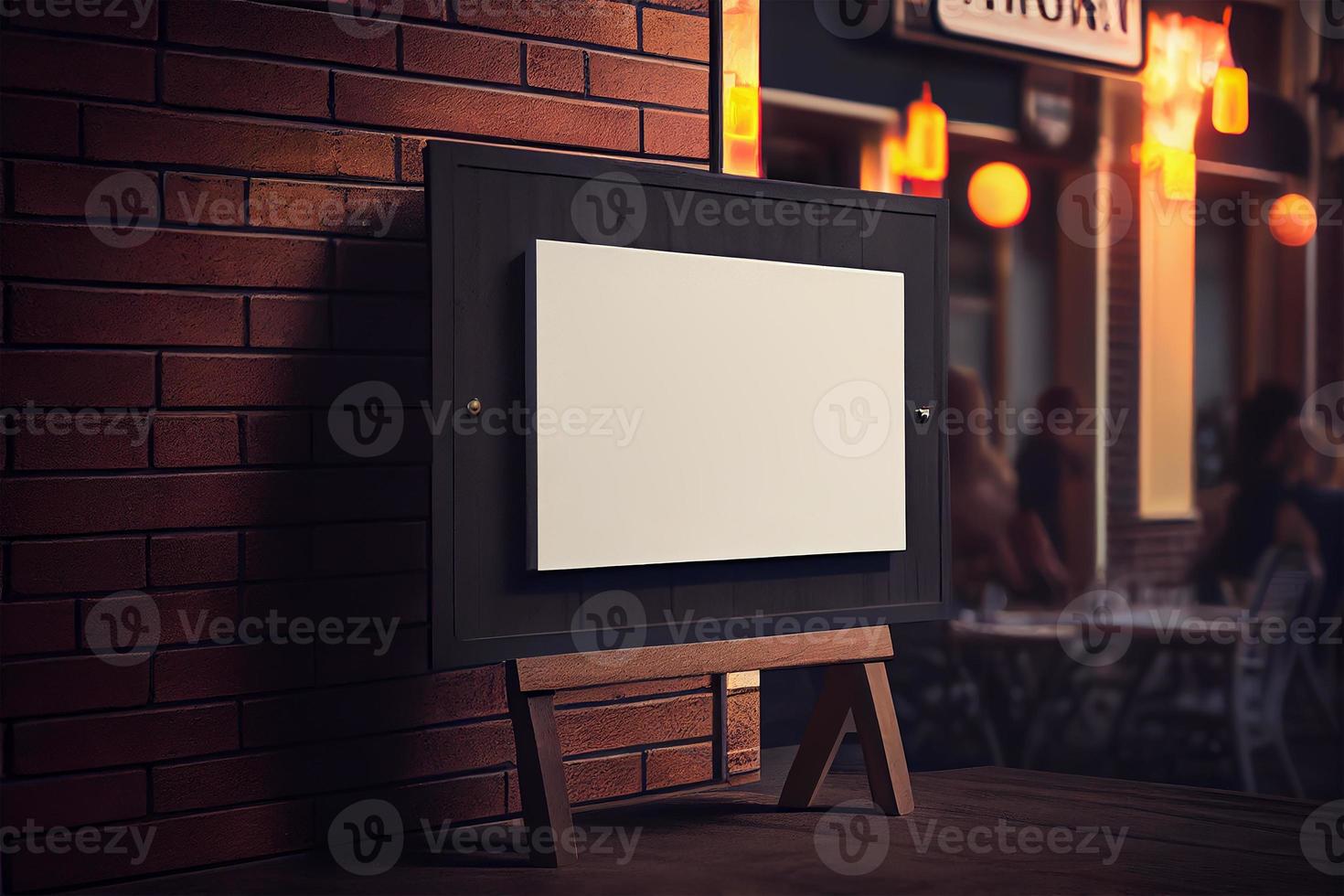 Mockup label, blank menu frame in Bar restaurant. Stand for booklets with white sheets paper in cafeteria photo