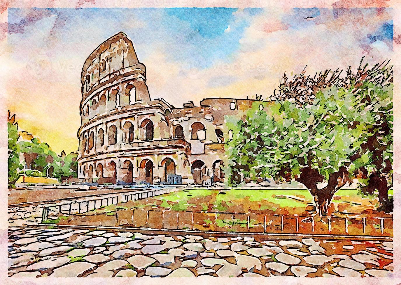 Rome, Italy - Sunset behind the Colosseum - Creative illustration, vintage watercolor design. photo