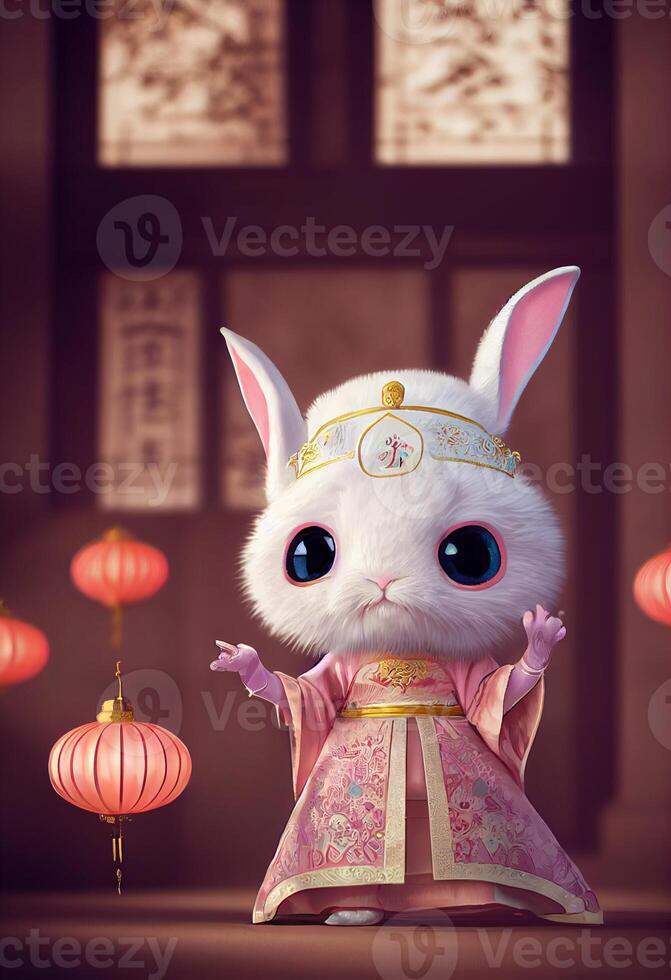 A little white rabbit in a soft Chinese. photo